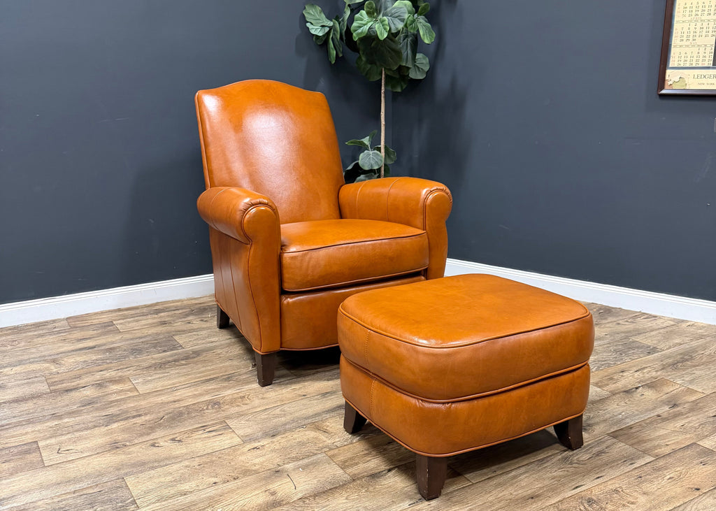 Ethan Allen Leather Arm Chair with Ottoman - Set of 2