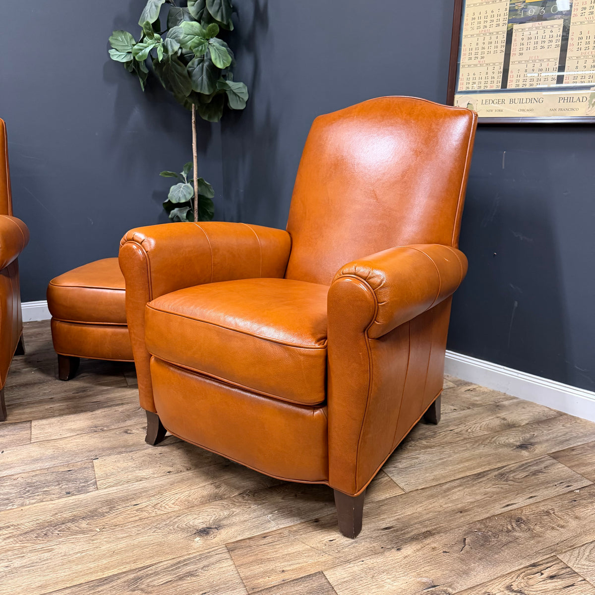 Ethan Allen Leather Arm Chair with Ottoman - Set of 2