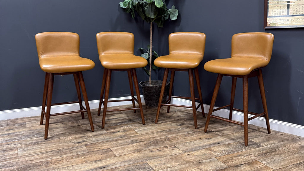 Article - Sede Leather Swivel Counter Stool - Walnut And Toscana Tan - set of 4.