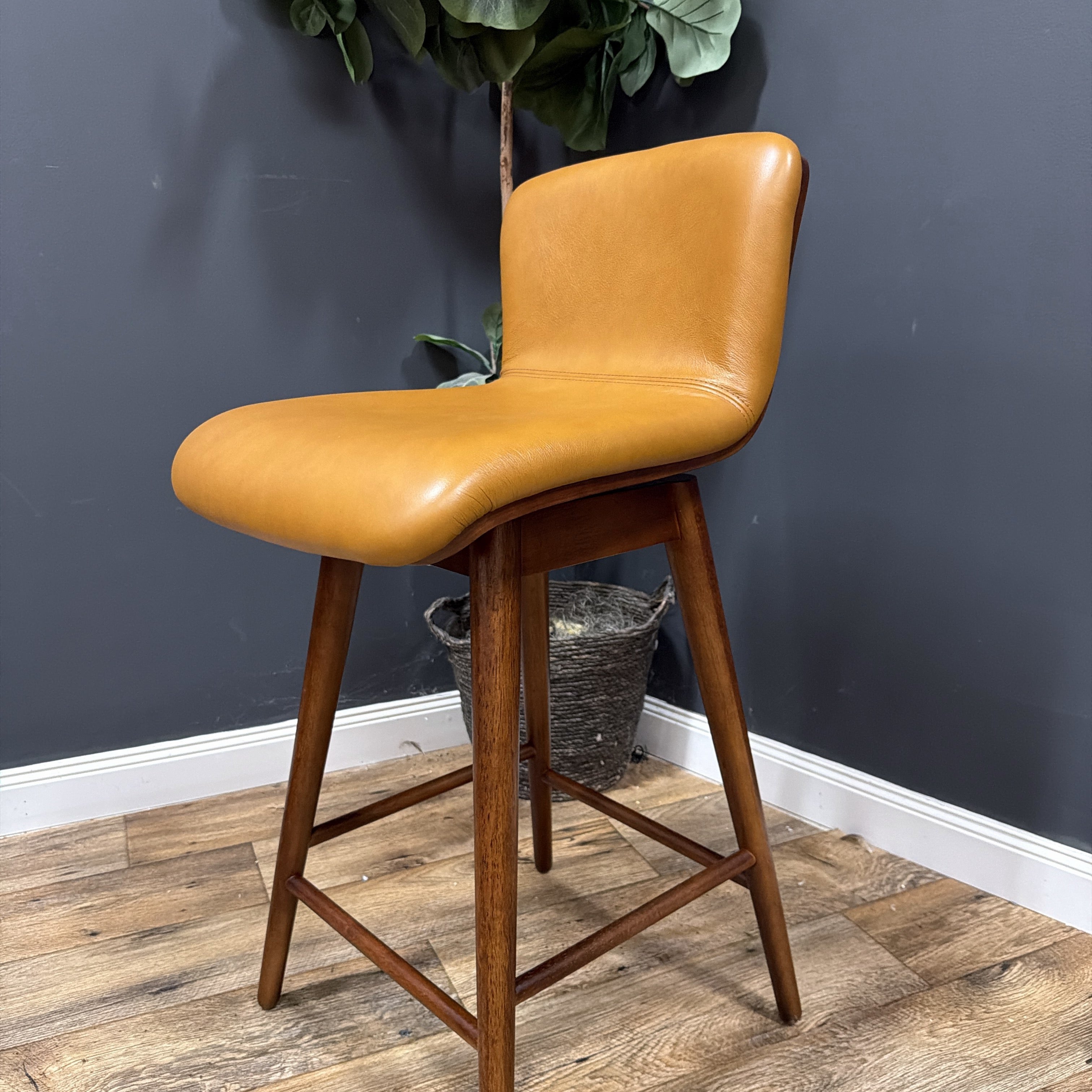 Article - Sede Leather Swivel Counter Stool - Walnut And Toscana Tan - set of 4.