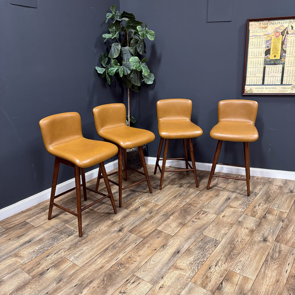 Article - Sede Leather Swivel Counter Stool - Walnut And Toscana Tan - set of 4.