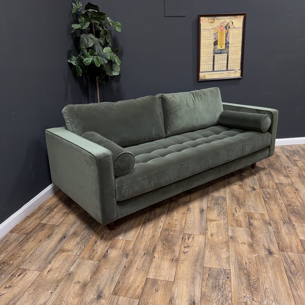 Article - Sven 88" Tufted Velvet Sofa - Plush Pacific Green