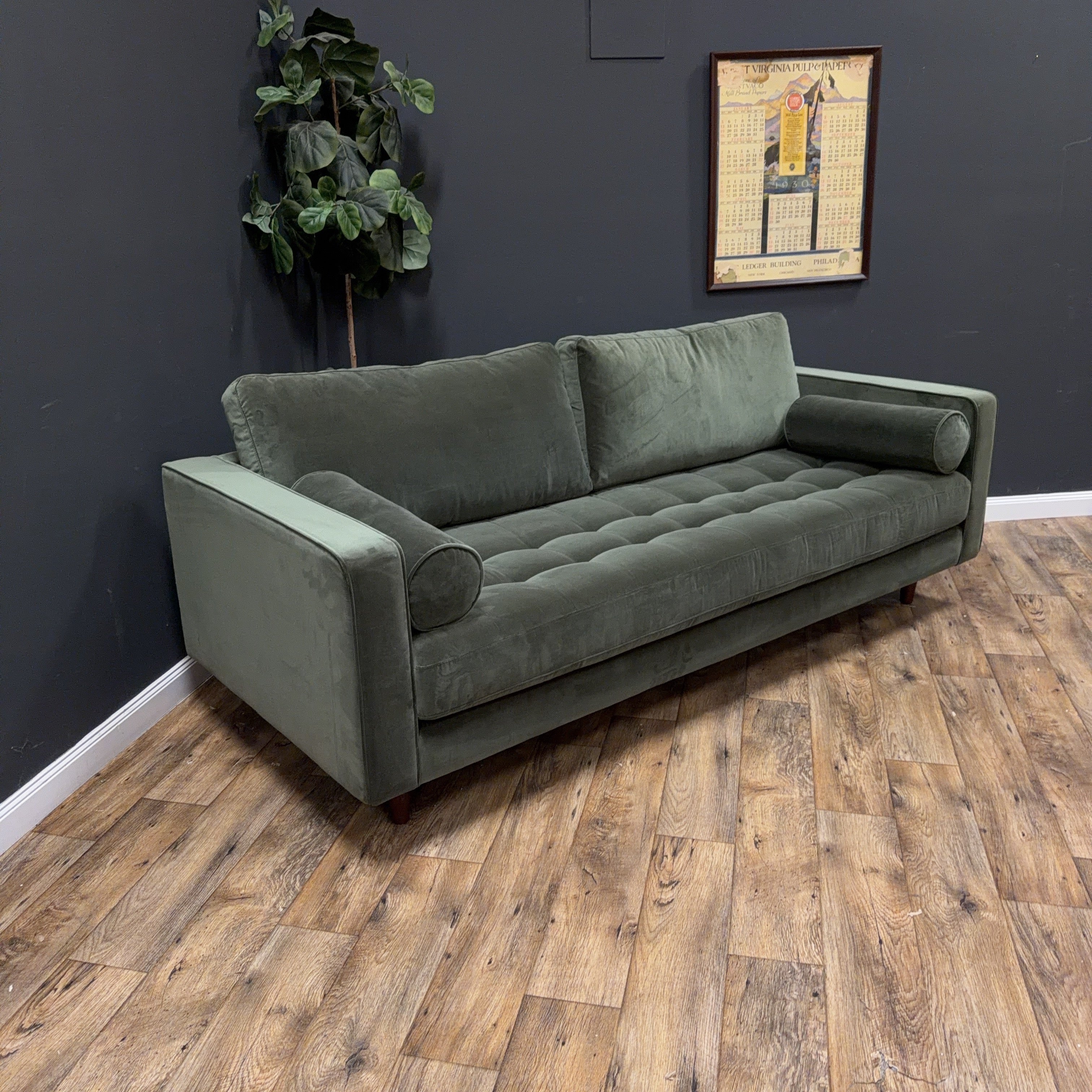 Article - Sven 88" Tufted Velvet Sofa - Plush Pacific Green