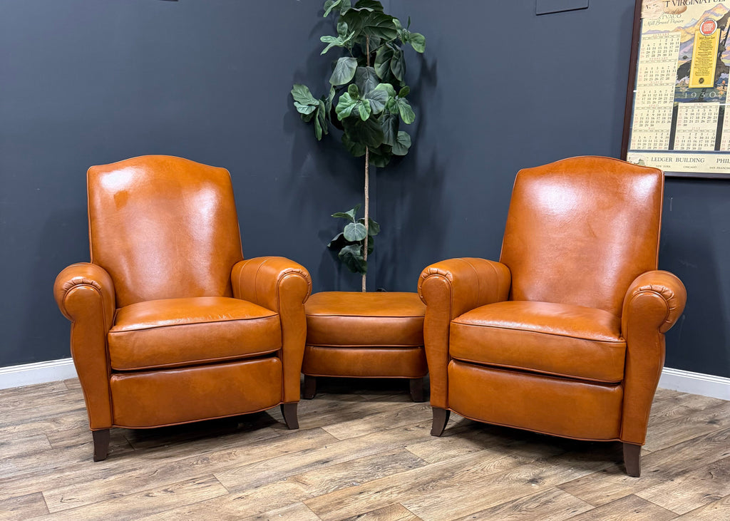 Ethan Allen Leather Arm Chair with Ottoman - Set of 2