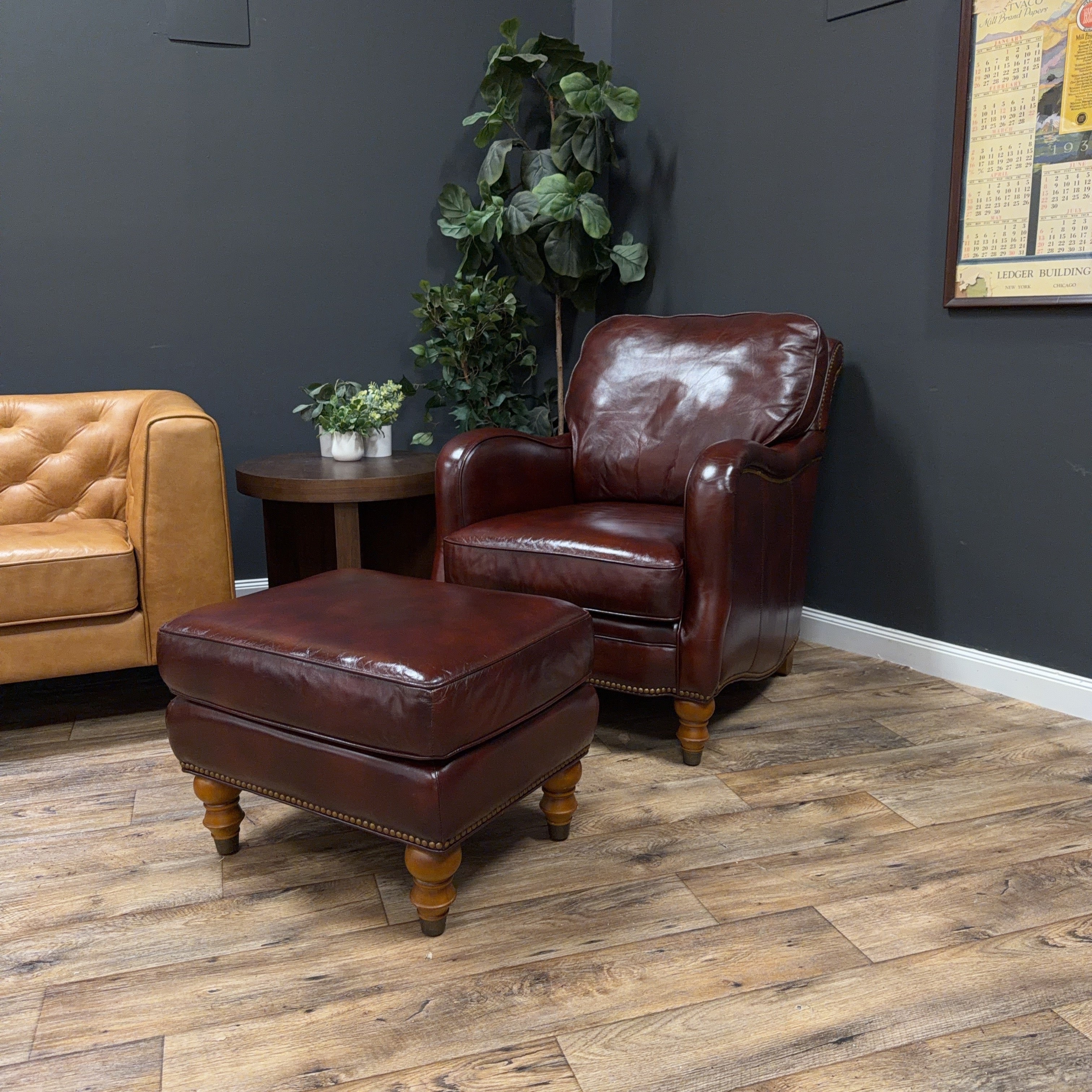Burgundy Leather Club Chair & Ottoman Set