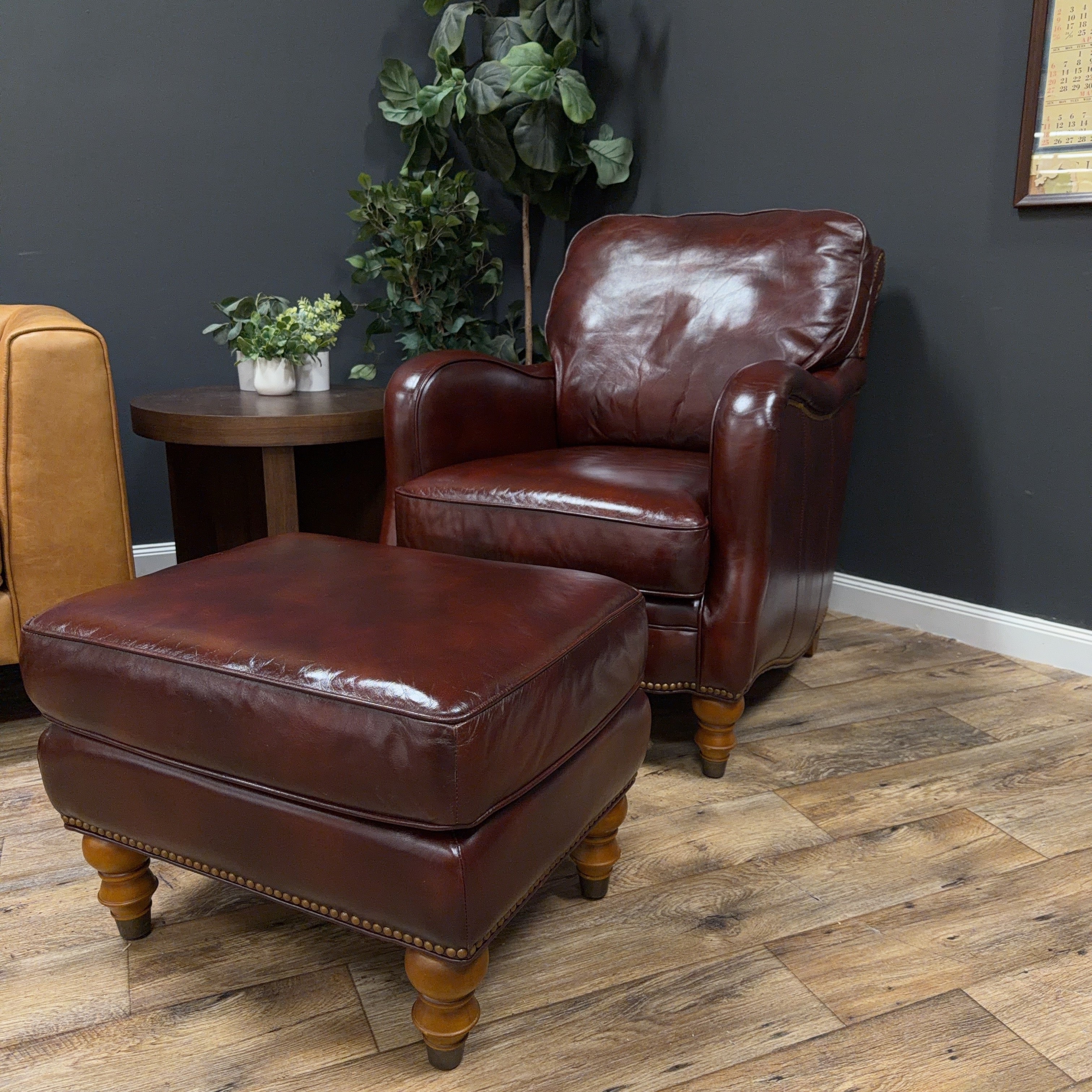 Burgundy Leather Club Chair & Ottoman Set