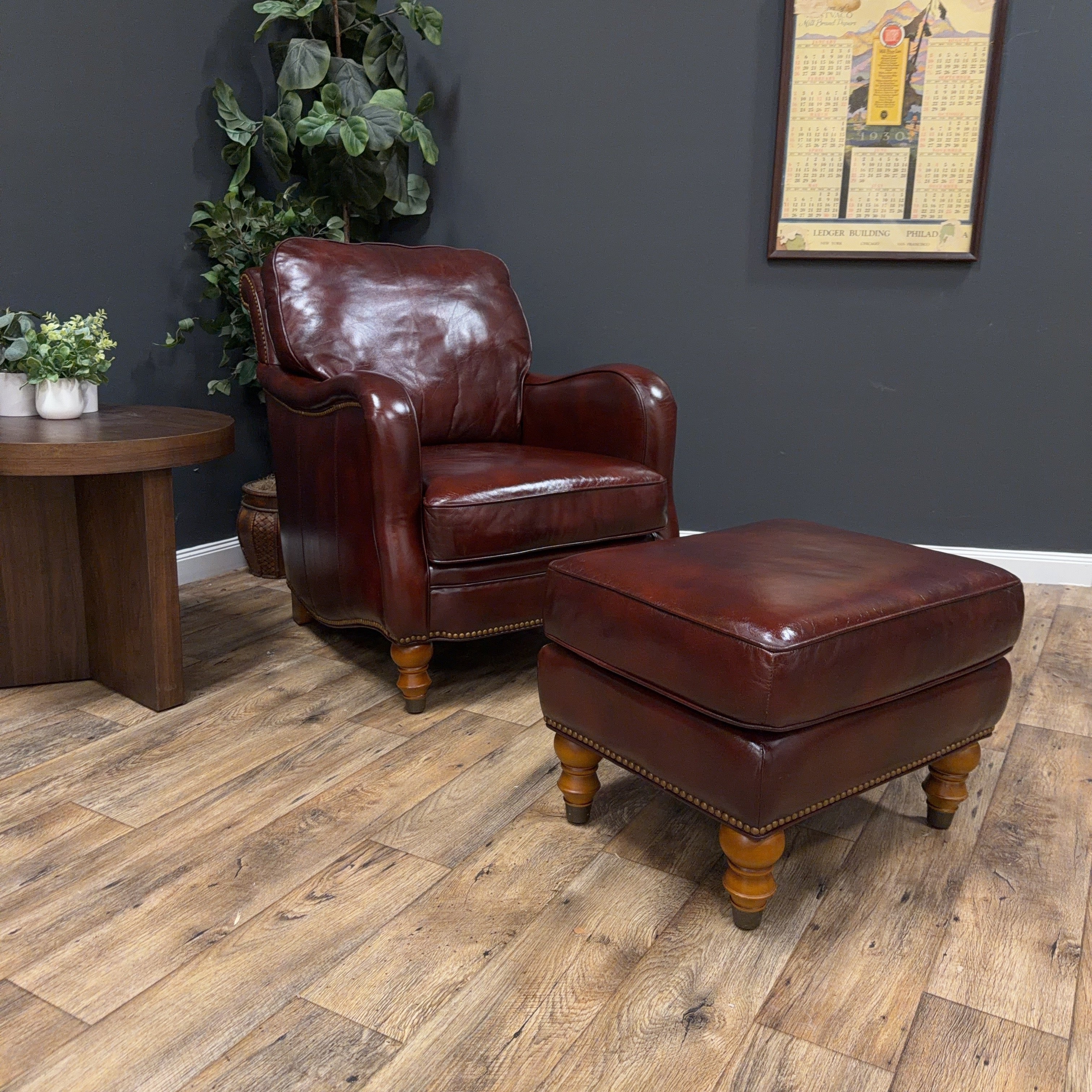 Burgundy Leather Club Chair & Ottoman Set